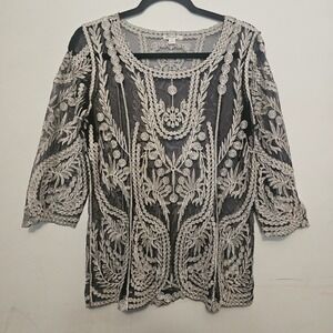 Pinky Top Shirt Blouse Womens Medium Black Beige‎ Embroidered Lace Retro Flowy